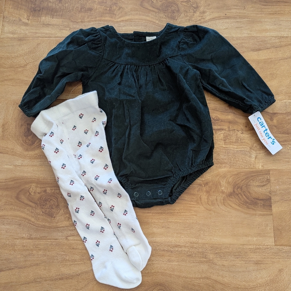 NWT Carters Baby Girl 9M Dark Green Corduroy Long Sleeve Onesie Set W/ Stockings